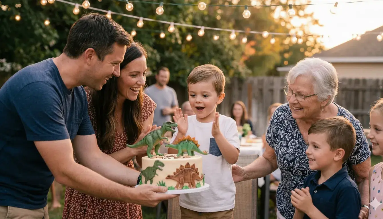 Family celebrating with a custom cake