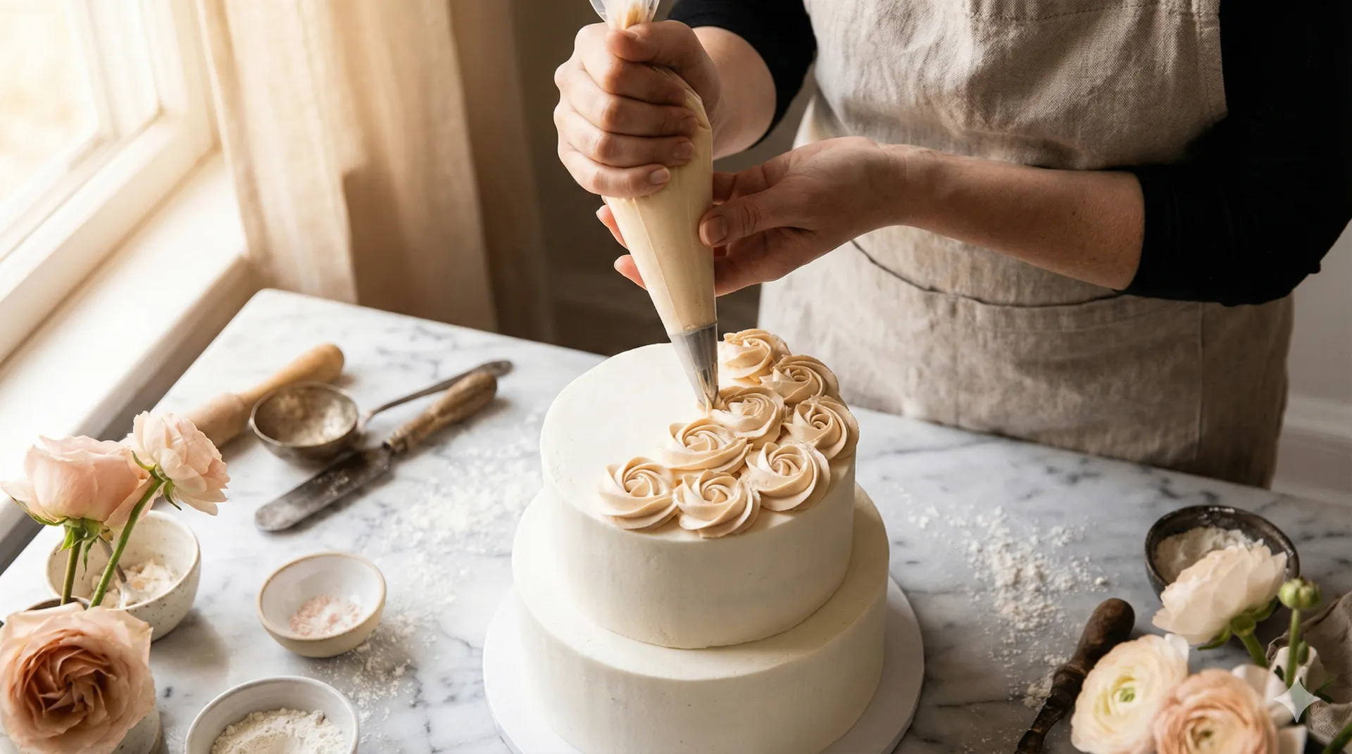 A baker carefully decorating a beautiful cake