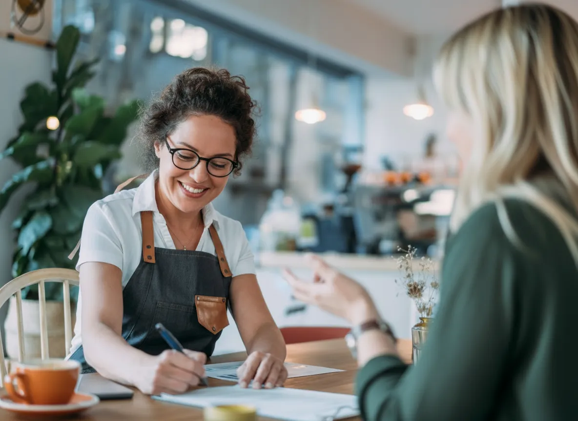 Baker in denim apron taking notes while a customer describes her cake vision across a warm wooden table in a sunlit bakery