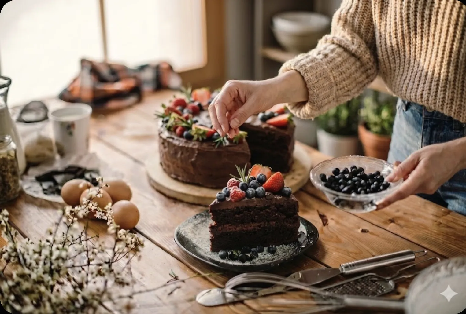 Baker's hands decorating chocolate cakes topped with fresh strawberries, blueberries, and rosemary on a rustic wooden table surrounded by eggs, flowers, and baking tools in warm sunlight